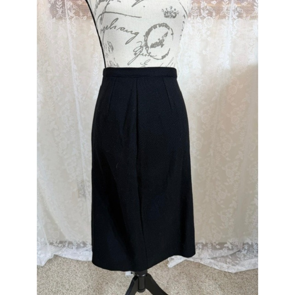 Vintage 60s Black Wool Pencil Skirt Tailored Midi Back Zip Minimalist Classic
